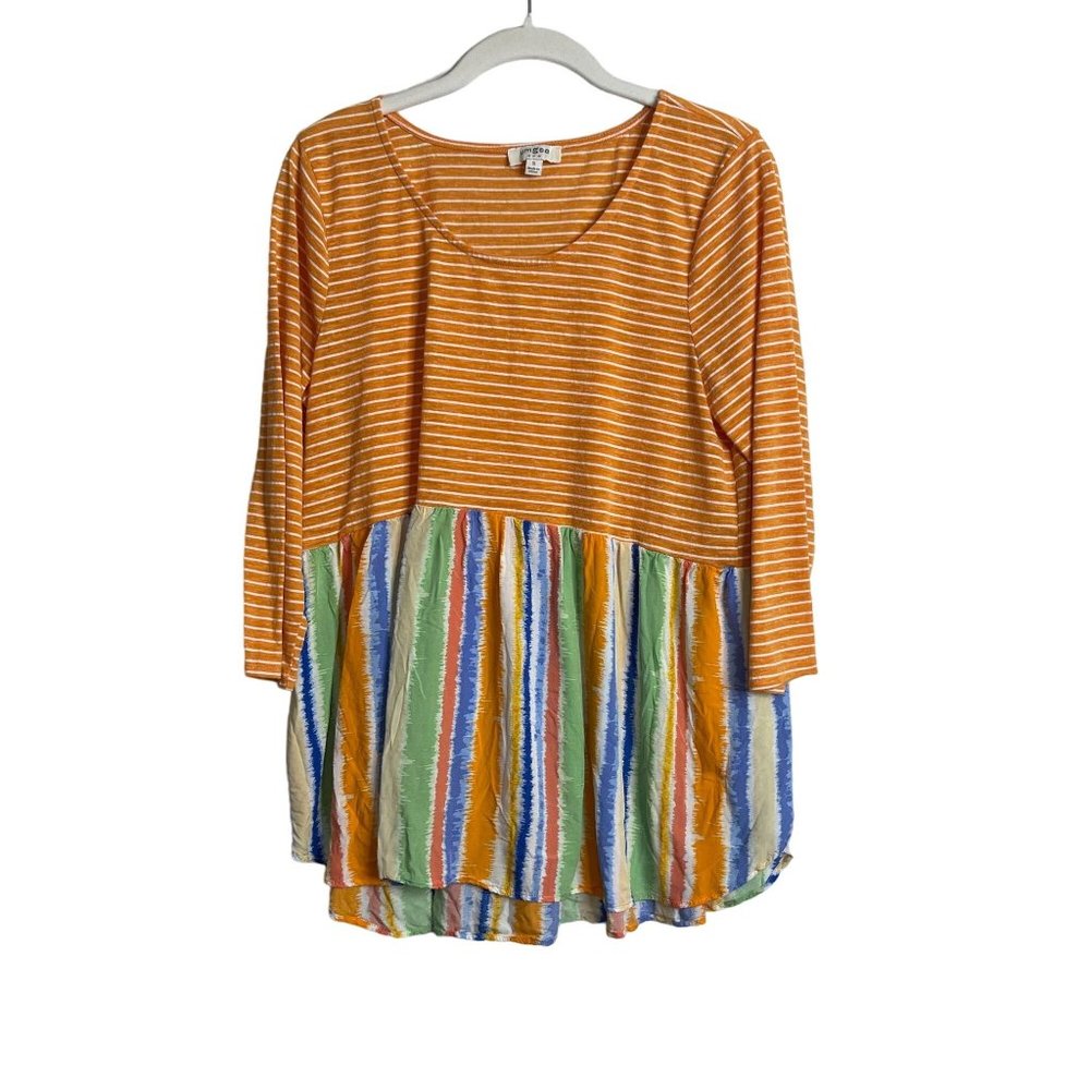 Umgee Orange Multicolor Striped 3/4 Sleeve Scoop Neck Babydoll Top Size S